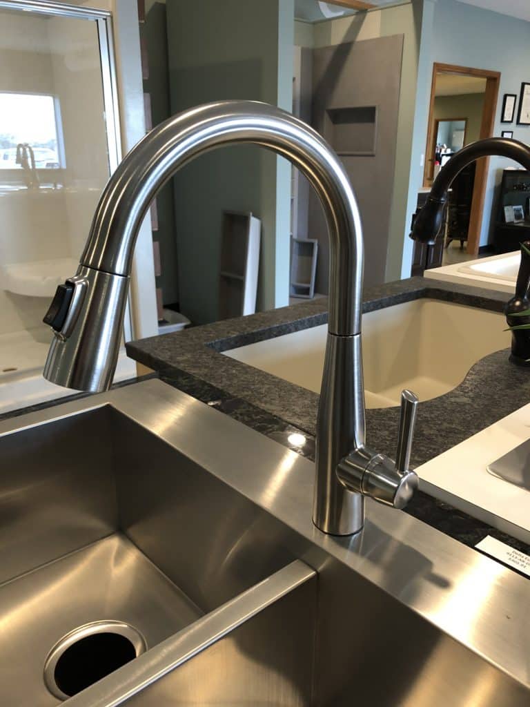 Delta Essa kitchen sink faucet on display at Lohmeyer Plumbing showroom in Columbus Indiana