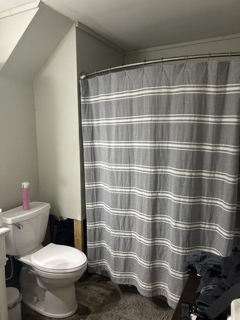 Original bathroom with bathtub, vanity, and toilet before renovation.